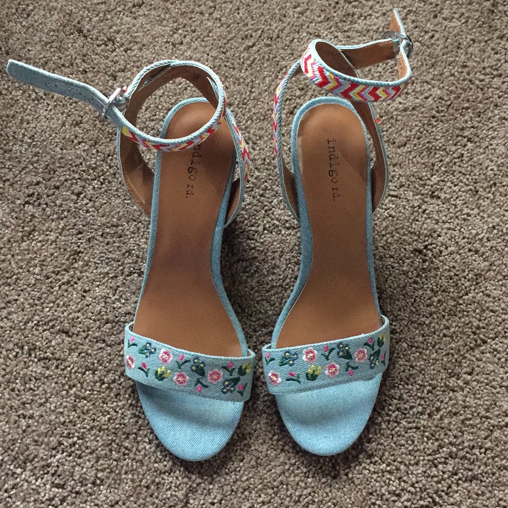 Denim Embroidered Block Heel